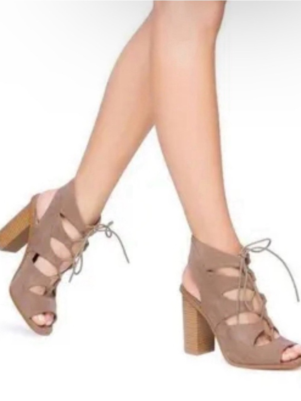 Taupe Strappy Cut-Out Block Heel Lace Up Open Toe Suede Women's Heels Size 9